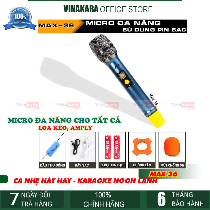 Micro không dây đa năng MAX-36 chính hãng, gắn cho amply, loa kéo karaoke chất lượng, chống hú + quà tặng