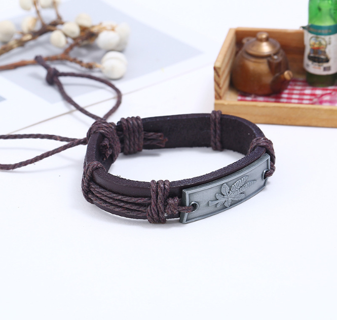 [HCM]Vòng Đeo Tay Da Nam Nữ Cá Tính Mặt Chiếc Lá