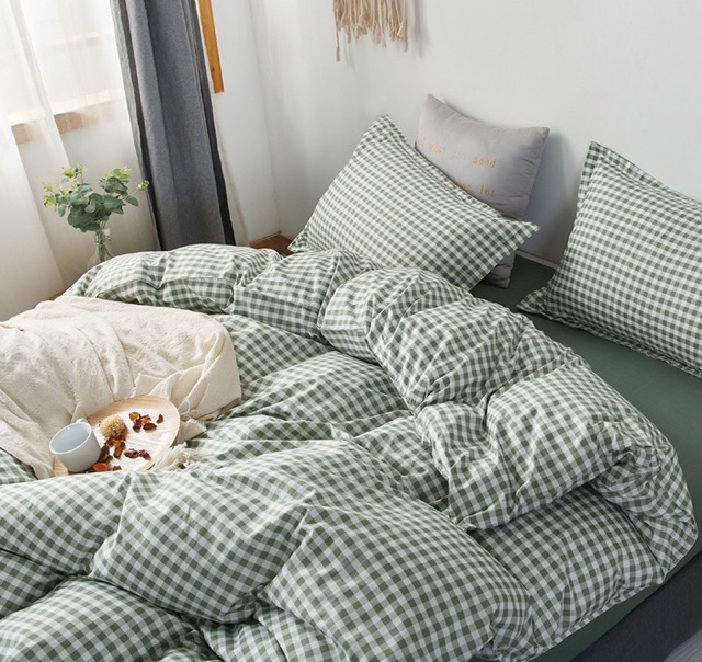 Bộ Drap & Chăn Phao Cotton Poly Kẻ Caro Xanh Lá