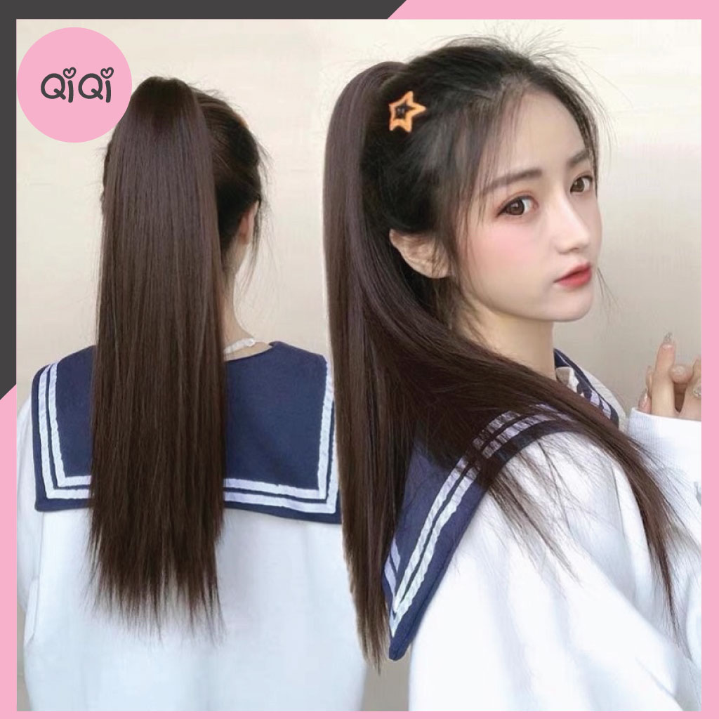 Tóc giả cột đuôi thẳng tự nhiên- Tóc giả cột nơ dài 55cm phong cách Hàn Quốc trẻ trung QiQishop