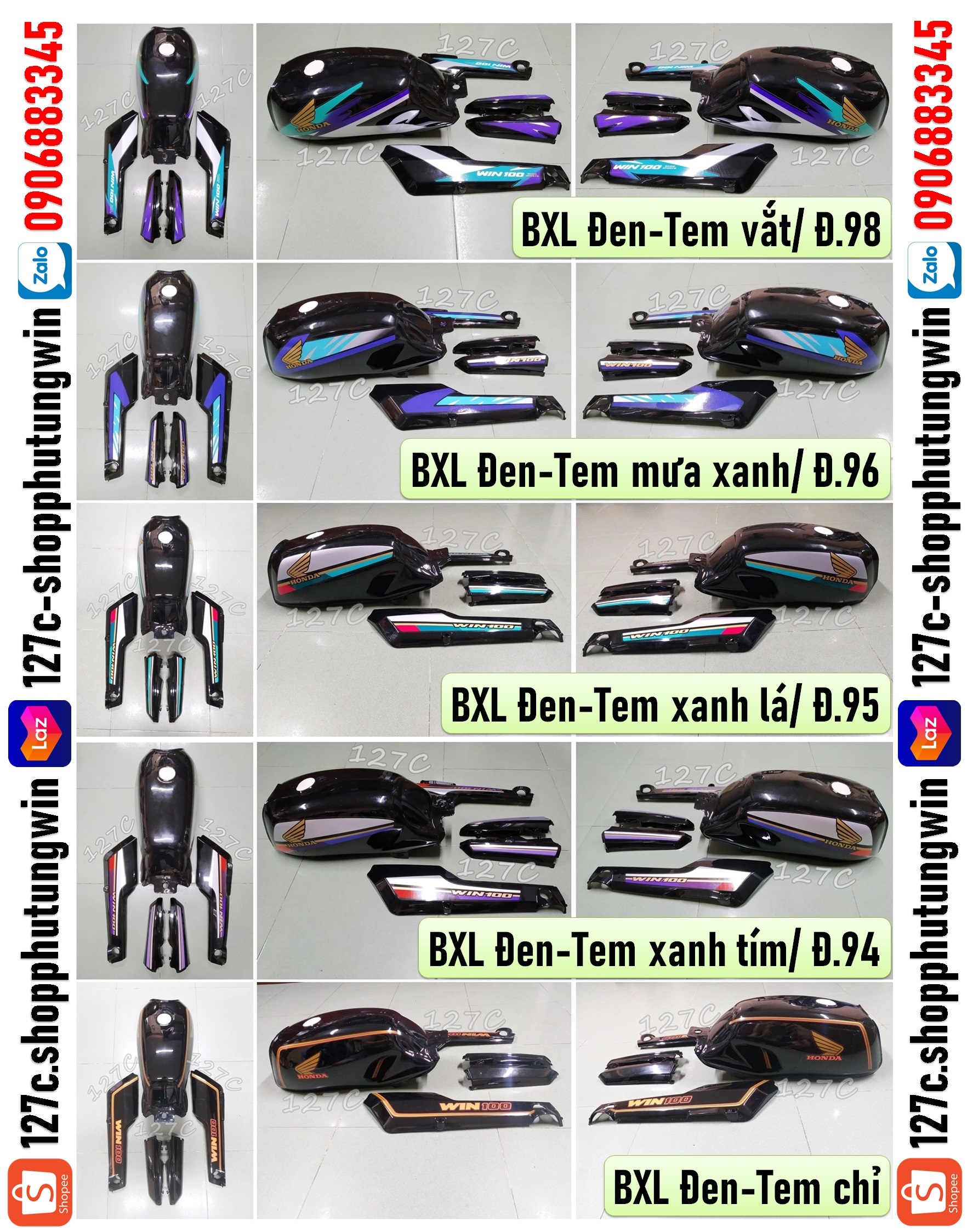 [Hcm] Combo Set of Large Fuel Tank & Large & Small Trunk Win 100Cc (Black/Red)