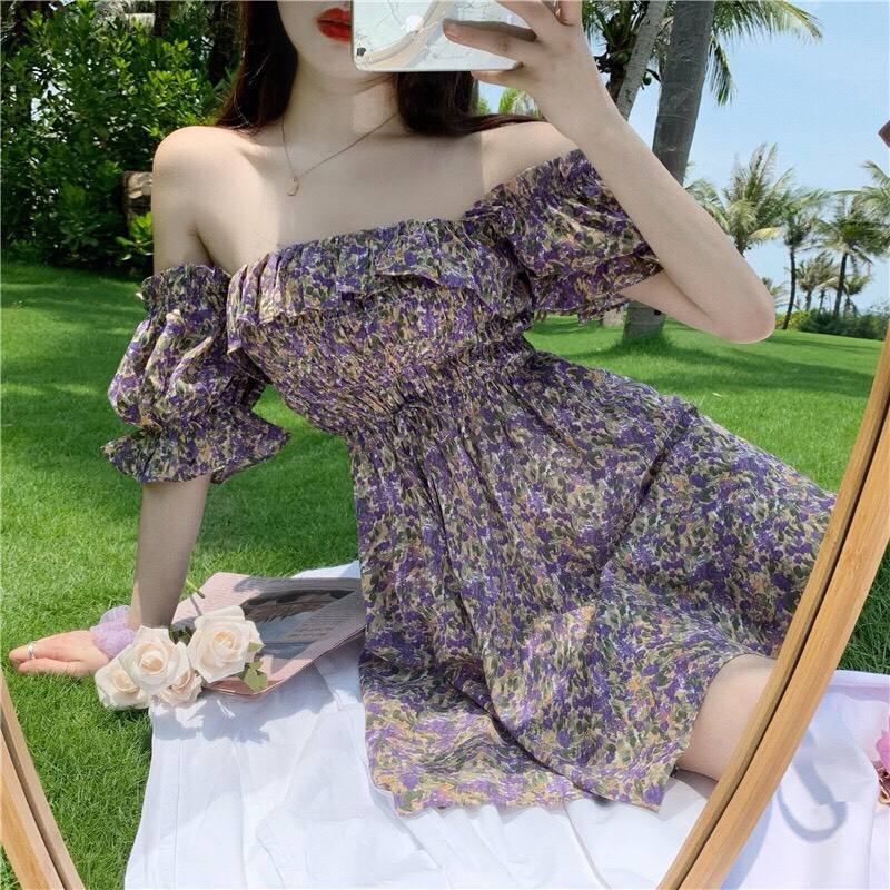 Đầm Lụa Xòe  Hoa Nhí Trễ Vai Gợi Cảm TTSA0544