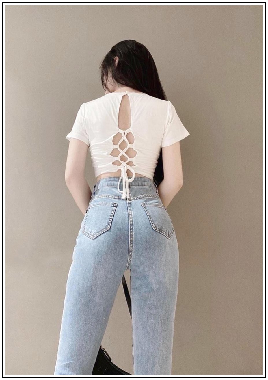 Quần jean nữ lưng cao rách xẻ gối phối rách lai 1 bên mẫu mới nhất s5-16
