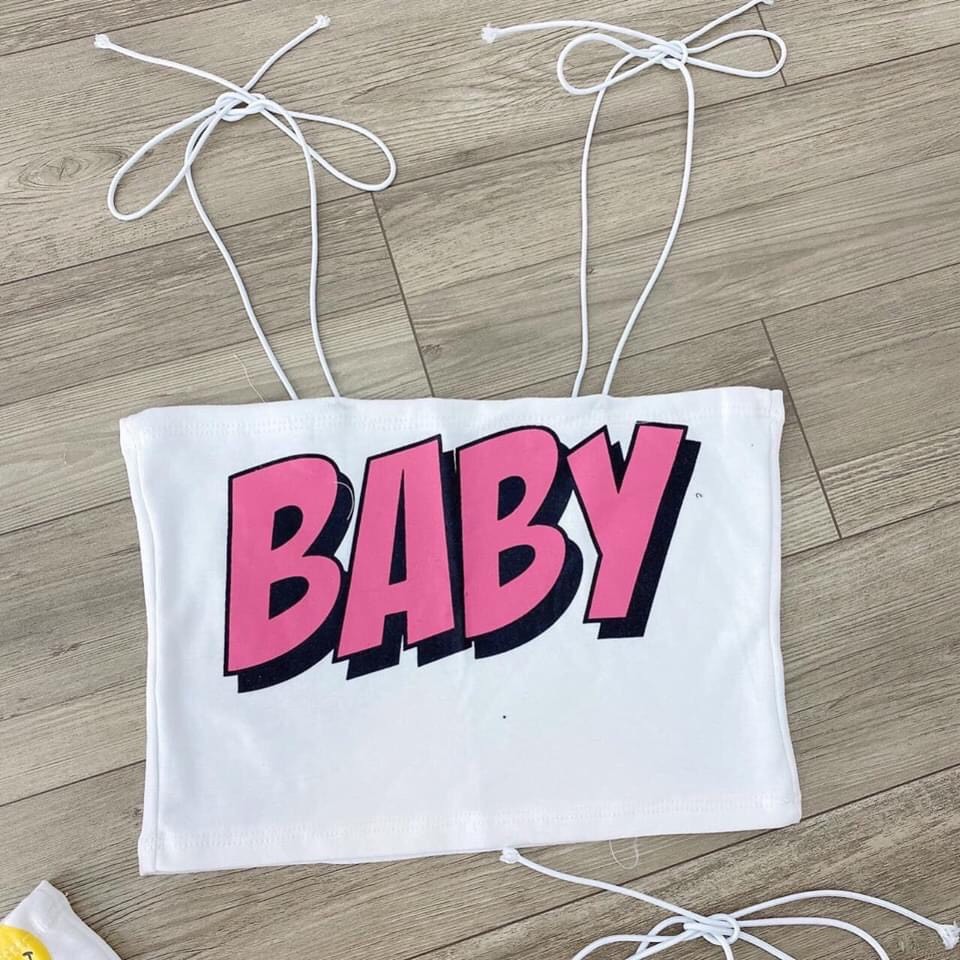 áo croptop 2 dây bún cột nơ vai xinh thun mịn in hình nét đẹp