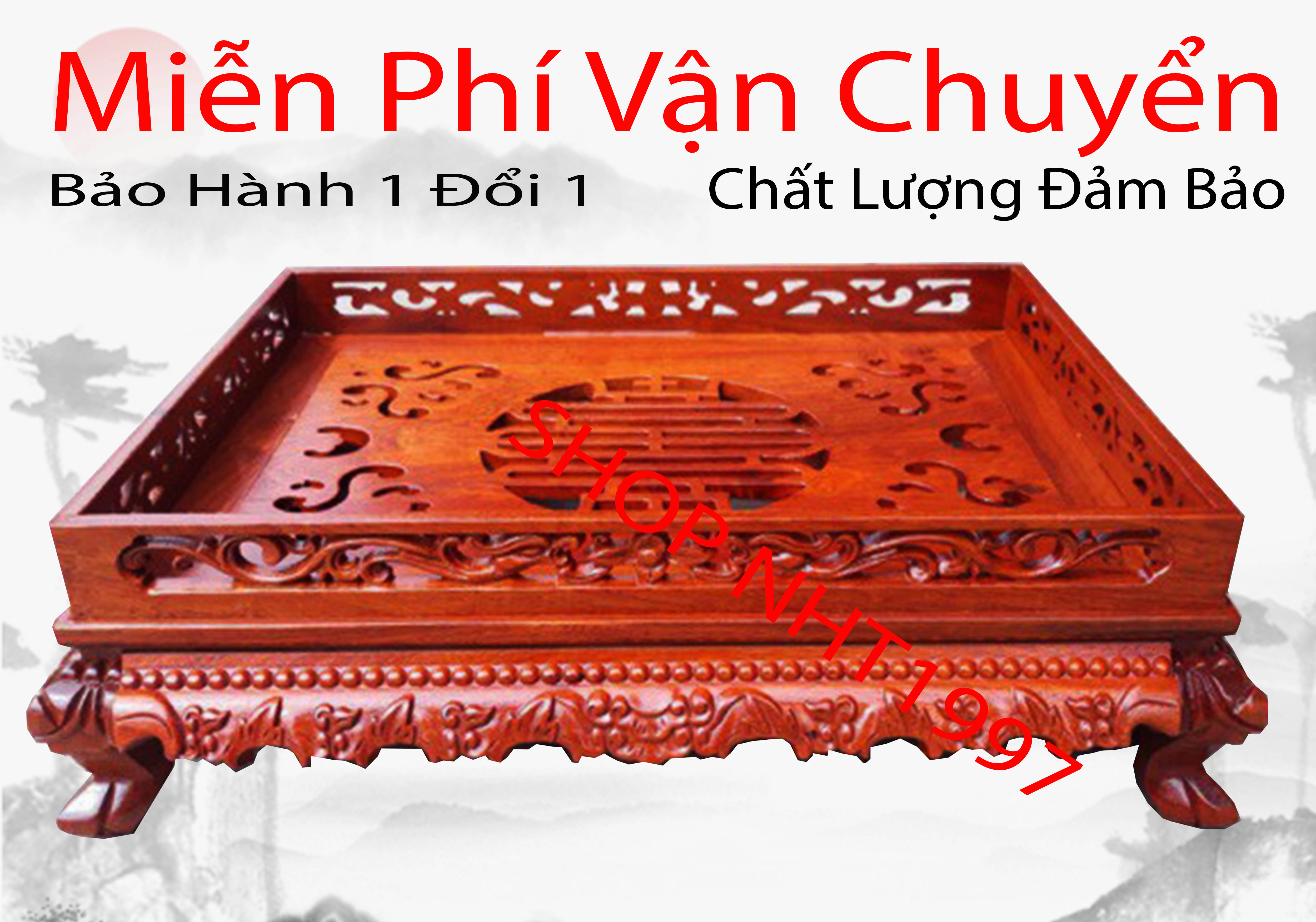 Khay trà chân qùy bằng gỗ hương khay chè ấm chén rồng trầu gỗ