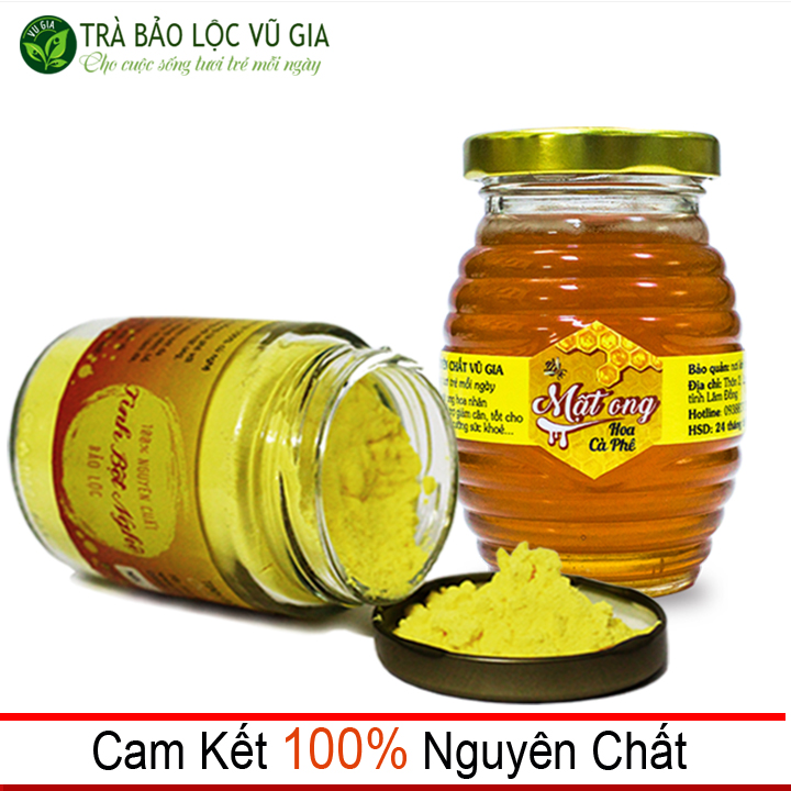 Combo Tinh Bột Nghệ +  Mật Ong Hoa Cà Phê Nguyên Chất Vũ Gia (100g/hũ) - Cải thiện dạ dày, tiêu hóa, hỗ trợ đắp mặt nạ dưỡng da, tẩy tế bào chết, xóa mờ thâm nám tàn nhang - Đã được kiểm nghiệm y tế