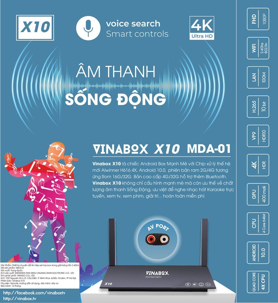 VINABOX X10 - RAM 2G, ROM16G, ANDROID 10.0 - Mẫu mới 2023