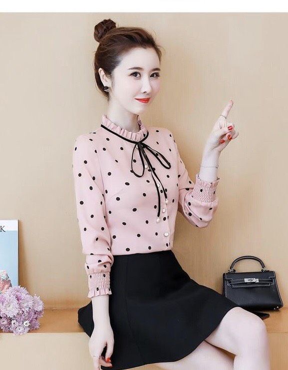 [HCM]Áo sơ mi chấm bi cổ viền đen