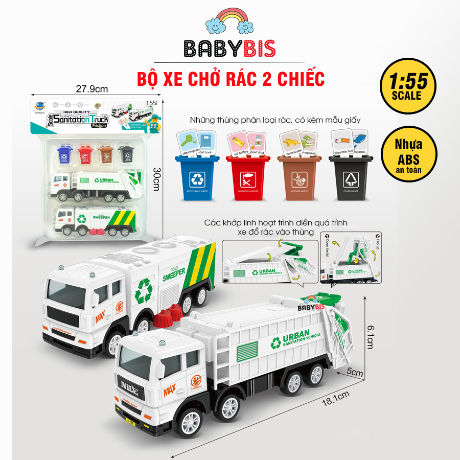 Bộ xe chở rác, xe vệ sinh đường phố, kèm thùng rác, phân loại rác 8802-8, đồ chơi xe cho bé Babybis - đồ chơi trẻ em