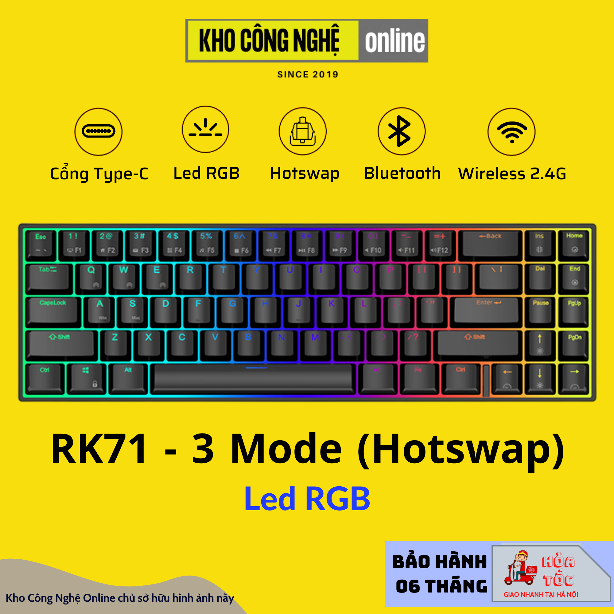 RK71 - Bàn phím cơ không dây RK71 kết nối bluetooth 5.0, USB type C