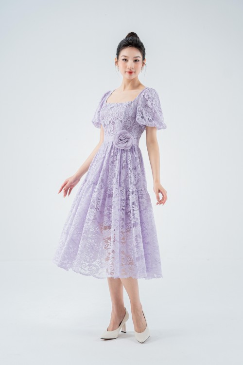 Đầm ren tím tay phồng thanh lịch SIXDO (Light Purple Midi Lace Dress)