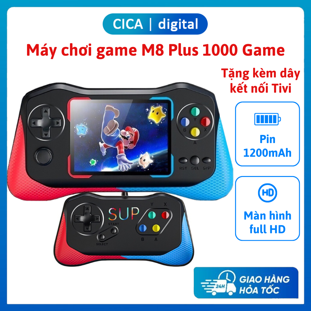 Máy chơi game cầm tay M8 plus 1000 game tặng kèm dây kết nối Tivi, Màn hình sắc nét HD, Pin 1200mAh, Bảo hành 12 tháng