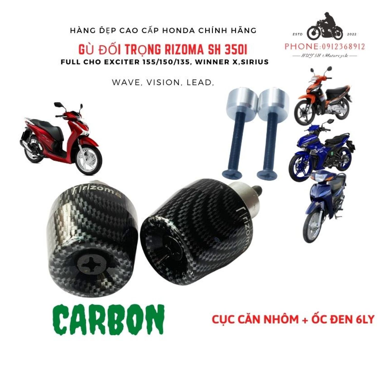Gù tay lái chống rυng cho xe máy honda và yamaha carbon , gù đối trọng rizoma , gù đối trọng, gù sh