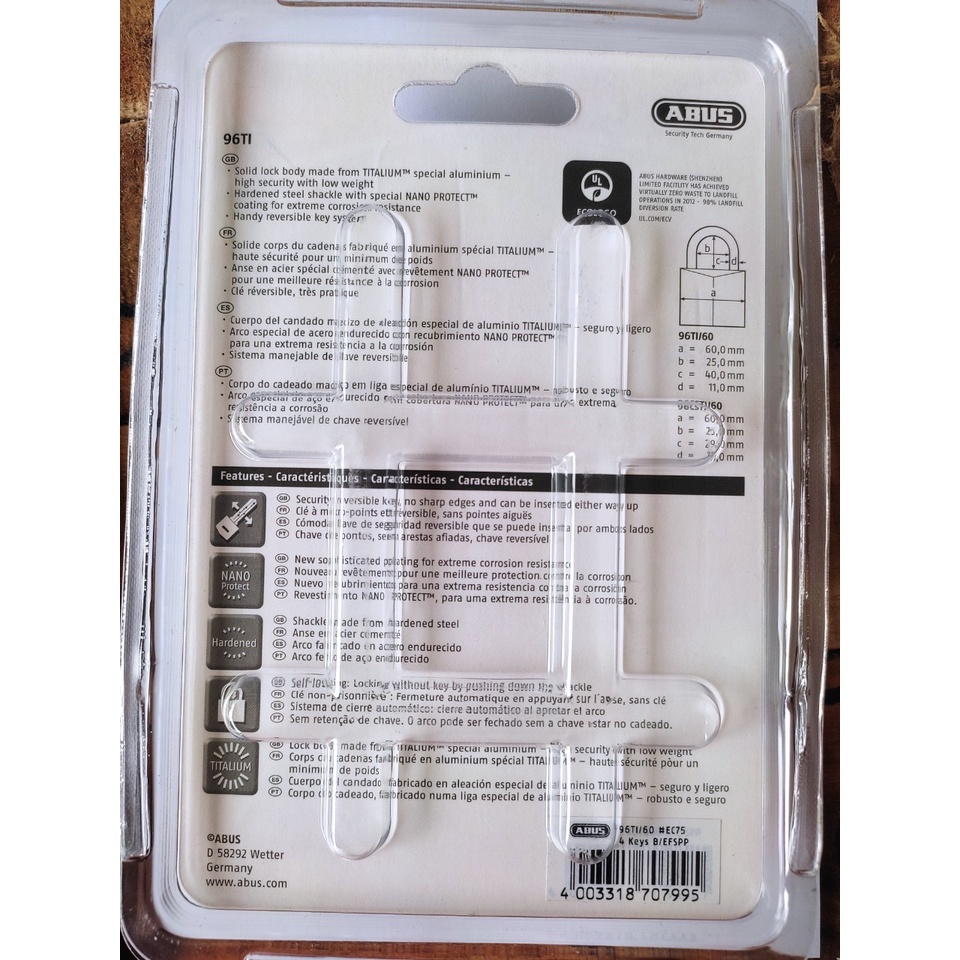 Ổ Khóa Siêu Nhẹ ABUS Titalium 96Ti/60