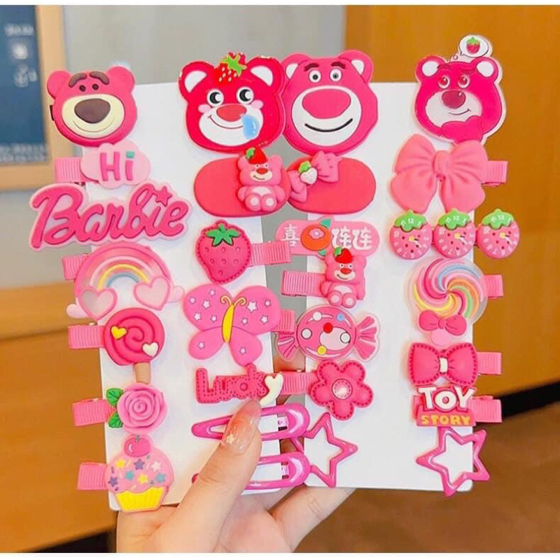 Set 14 kẹp tóc gấu dâu màu hồng hoạt hình dễ thương cho bé