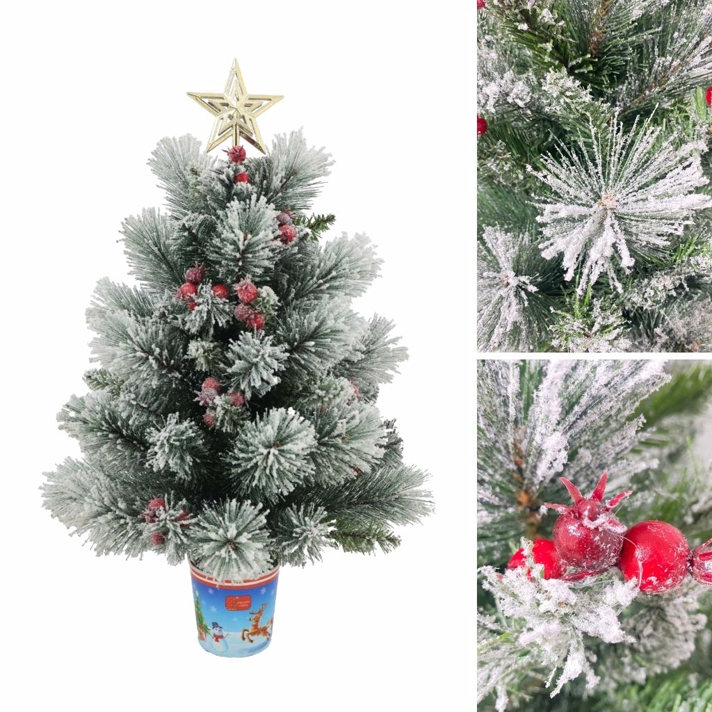 Cây thông noel mini để bàn PHỦ TUYẾT 3 LOẠI LÁ có phụ kiện trang trí decor giáng sinh