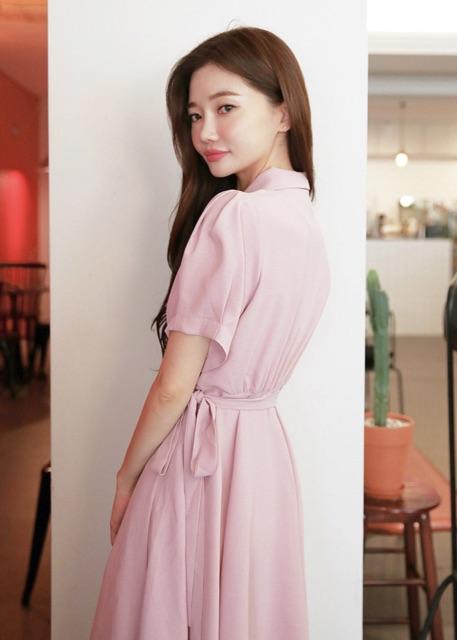 Đầm hồng cổ vest đắp tà (kèm hình thật)