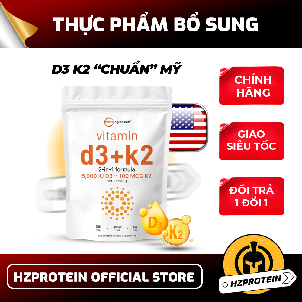 Micro Ingredients D3 5000IU+ K2 (300 Viên) - Hỗ trợ sức khỏe xương và thúc đẩy các động mạch khỏe mạnh