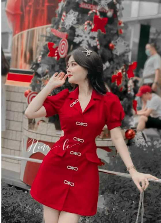 Đầm 6 nơ khoét eo-QH#damnu