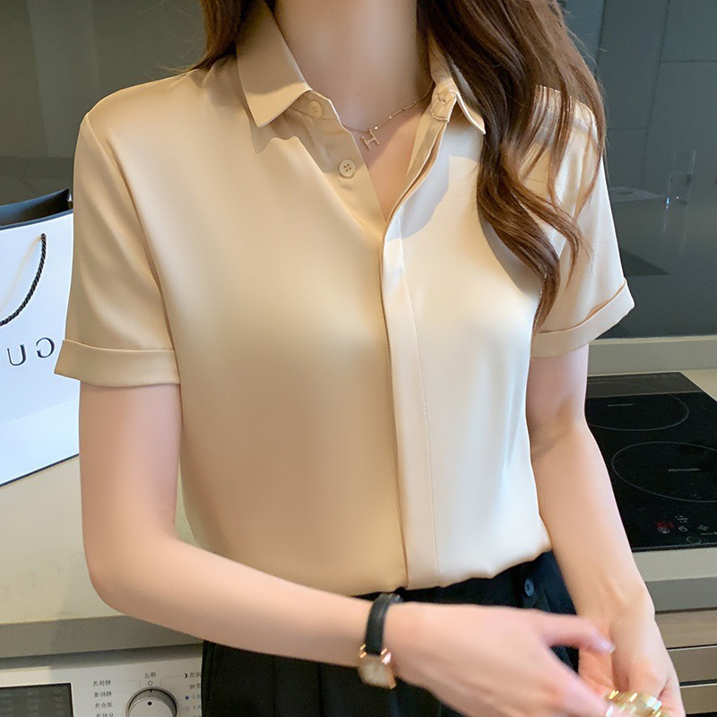 [HCM]Áo sơ mi nữ trơn ngắn tay dấu nút tay lên lai TOP FASHION SHOP vải kate mềm mịn