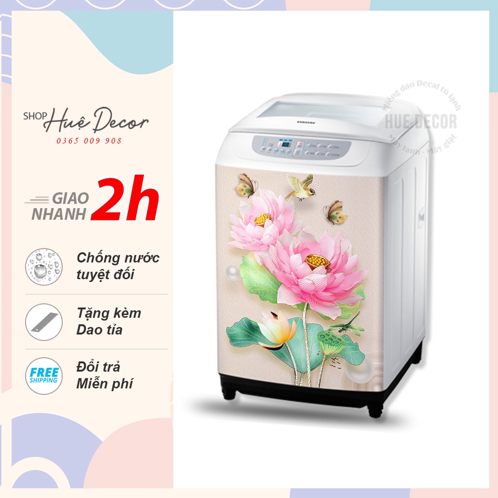 Decal trang trí máy giặt 3d  hoa sen hồng
