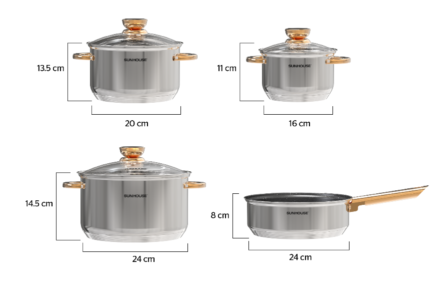 Bộ nồi chảo inox 5 ĐÁY SUNHOUSE SHG789 + tặng dao làm bếp màu đen