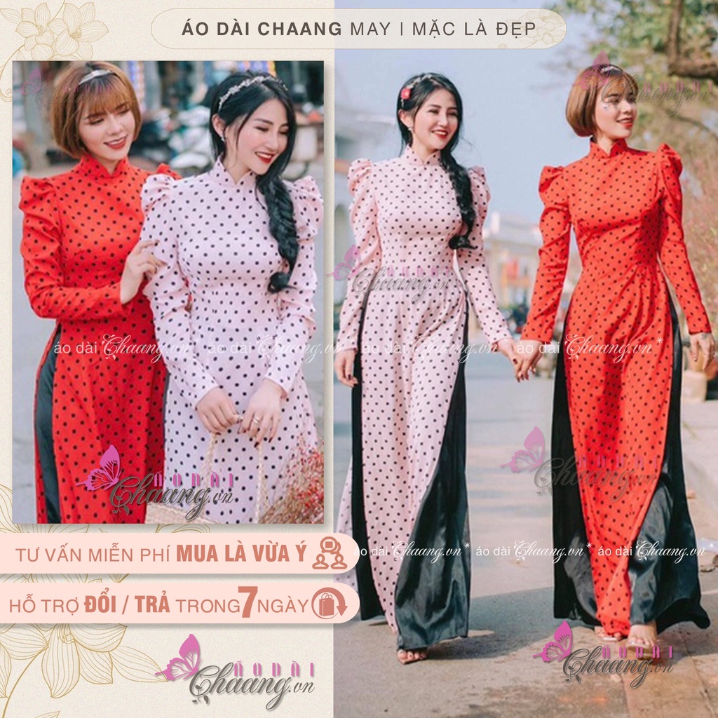 Áo dài truyền thống chấm bi - Áo dài thiết kế tay phồng bồng lụa đẹp chụp hình xinh