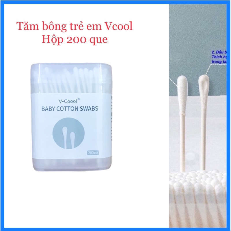 Tăm bông Vcool cho bé hộp 200 que cao cấp