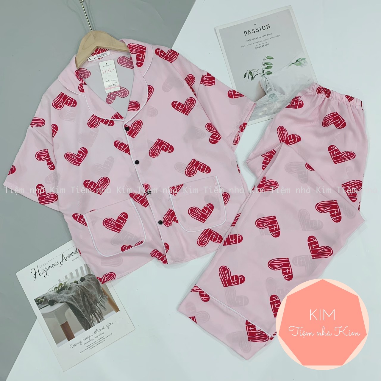 Bộ Pijama Lụa Satin / Mango Phối Hàn - Bộ Mặc Nhà Cộc Dài