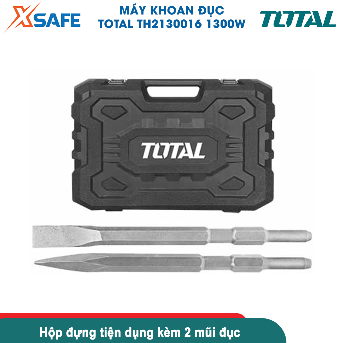 Máy đục bê tông TOTAL TH2130016 | máy khoan đục công suất 1300W, tốc độ đập 3800 bpm, lực đập 20J bắn vít, đục tường, khoan bê tông