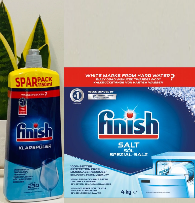 Combo Muối rửa chén Finish 4kg hoặc 1600ml Nước làm bóng Finish chuyên dùng cho Máy rửa chén
