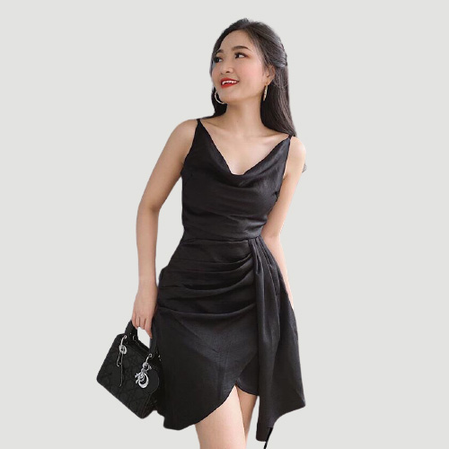 [HCM]Đầm nữ lệch tà thắt eo tay ngắn cổ V thời trang mới Đ090