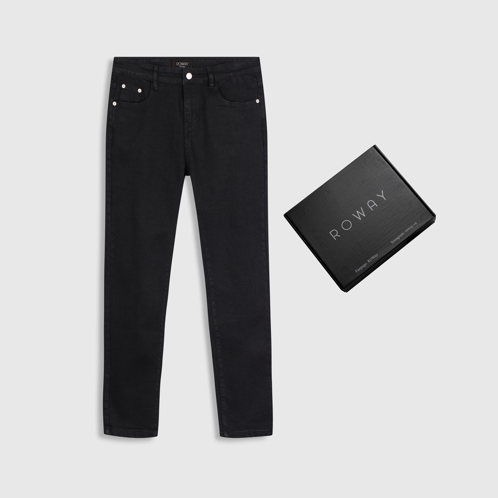 Quần jean nam ROWAY Fullbox, vải denim co giãn nhẹ, form skinny | Jean đen trơn