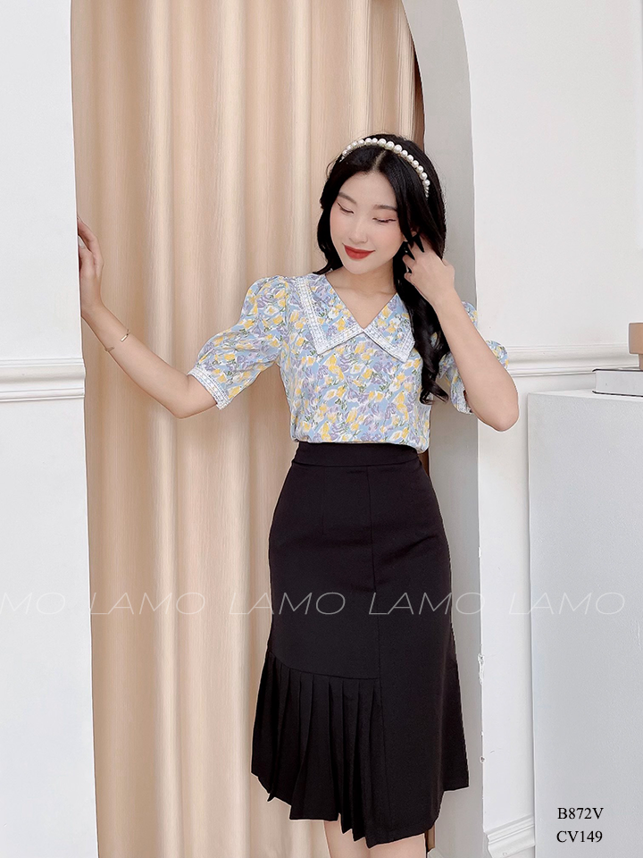 ÁO SƠ MI HOA CỔ V PHỐI REN -B872