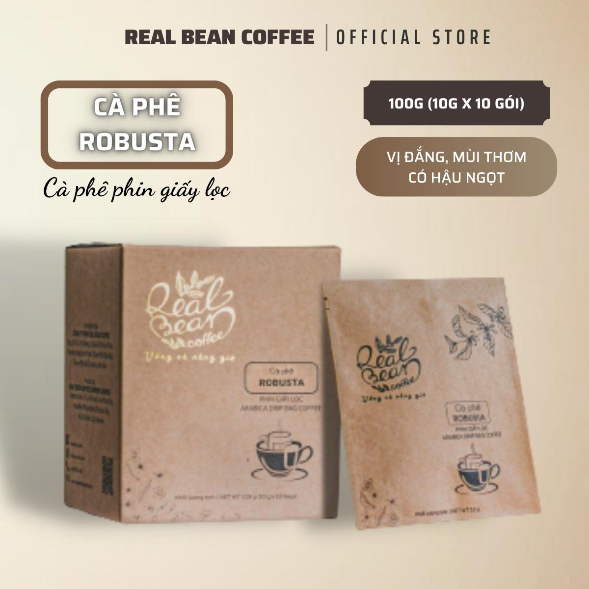 Cà phê phin giấy tiện lợi – Hộp 10 Gói – 100% Rang Mộc – Vị Đậm, Thơm Nồng – REAL BEAN COFFEE