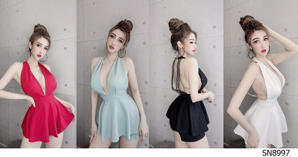 Sét áo yếm peplum xòe hở lưng đính cườm