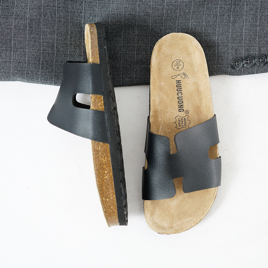 Dép đế trấu unisex kiểu  H da pu đen