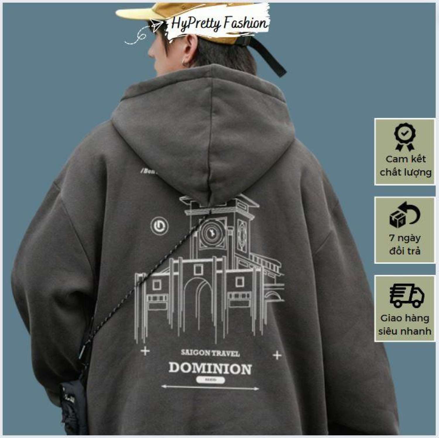Áo hoodie nam chữ DOMINION form rộng có mũ