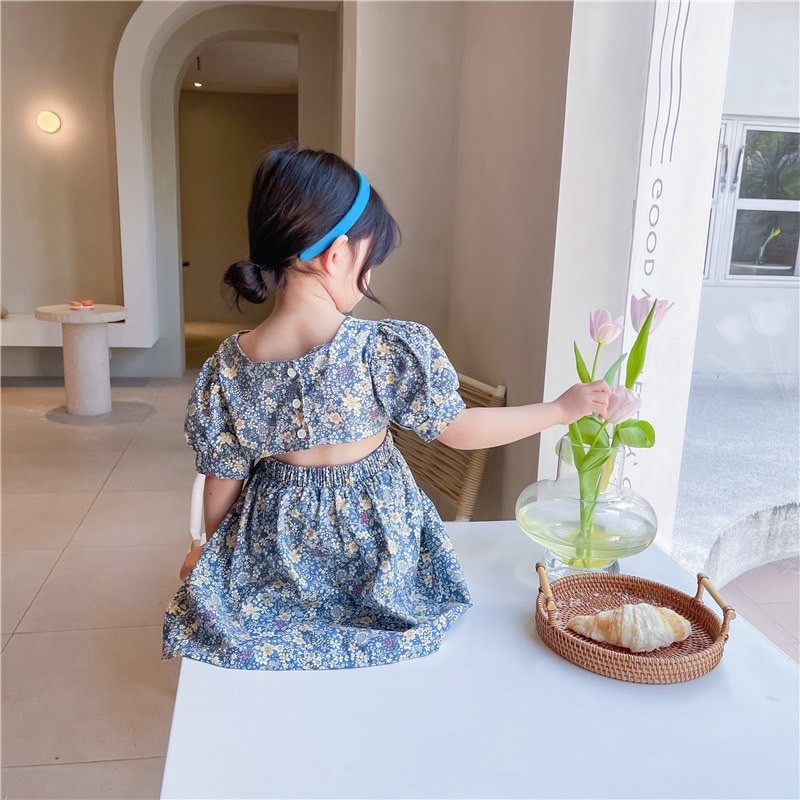váy hoa 3 cúc lưng hở eo bé gái