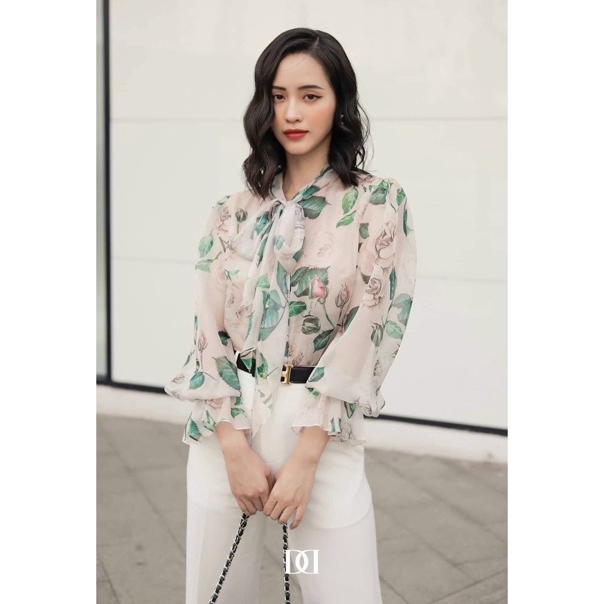 Áo sơ mi nữ công sở - áo sơ mi tơ hoa tay bồng cổ buộc nơ 2 lớp 101