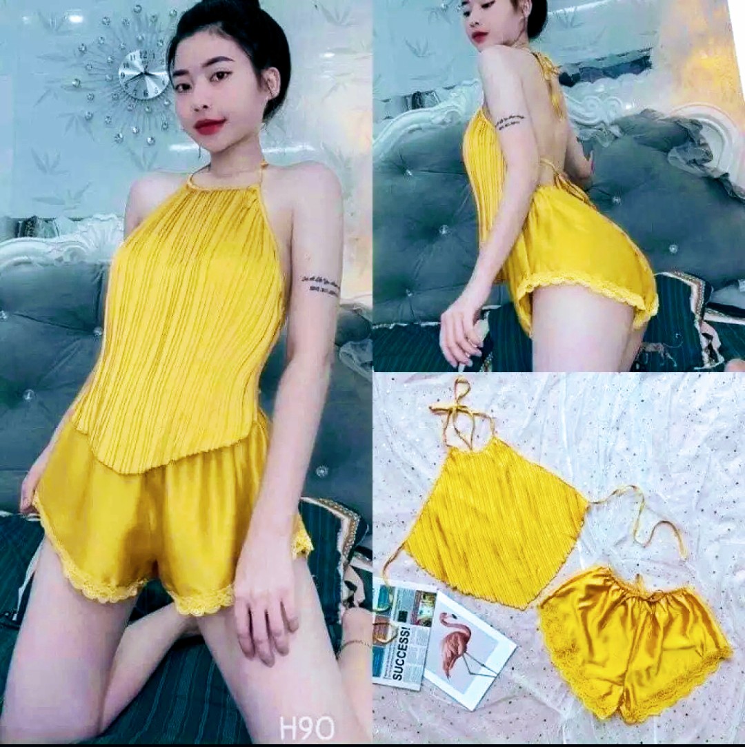 Yếm ngủ sexy, set bộ yếm dập ly hở lưng gợi cảm freesize dưới 58kg, vải phi lụa mềm mại thoáng mát, hàng mới về 10 màu siêu hot!