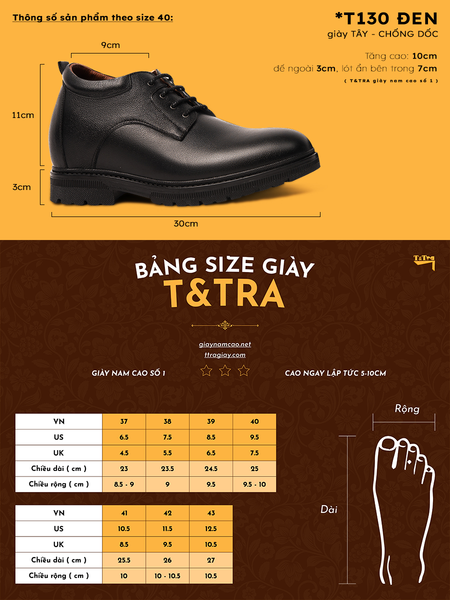 [ 10CM ] Giày Độn Nam T&TRA T130 Đen