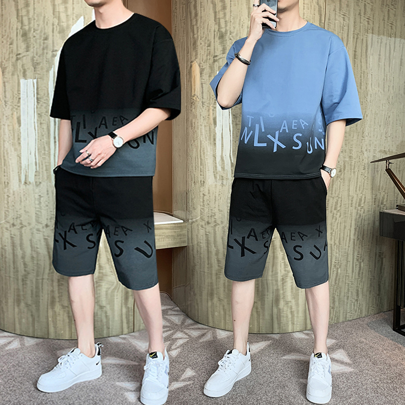 [ Hoàn Tiền Max ] Combo 02 Set Bộ Đồ Thun Hè Nam Áo Tay Ngắn Cổ Tròn Họa Tiết Chữ LXSU Phối Màu Gradient Cùng Quần Short Đùi Cạp Chun Phong Cách Thời Trang Trẻ Trung Năng Động Blue Monday 2MEN QA 129