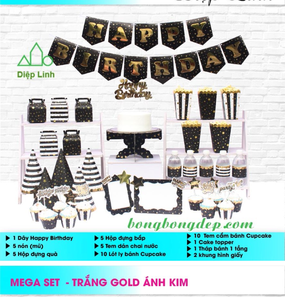 Set Mega Bàn Tiệc Trang Trí Sinh Nhật Dành Cho Bé Ép Kim