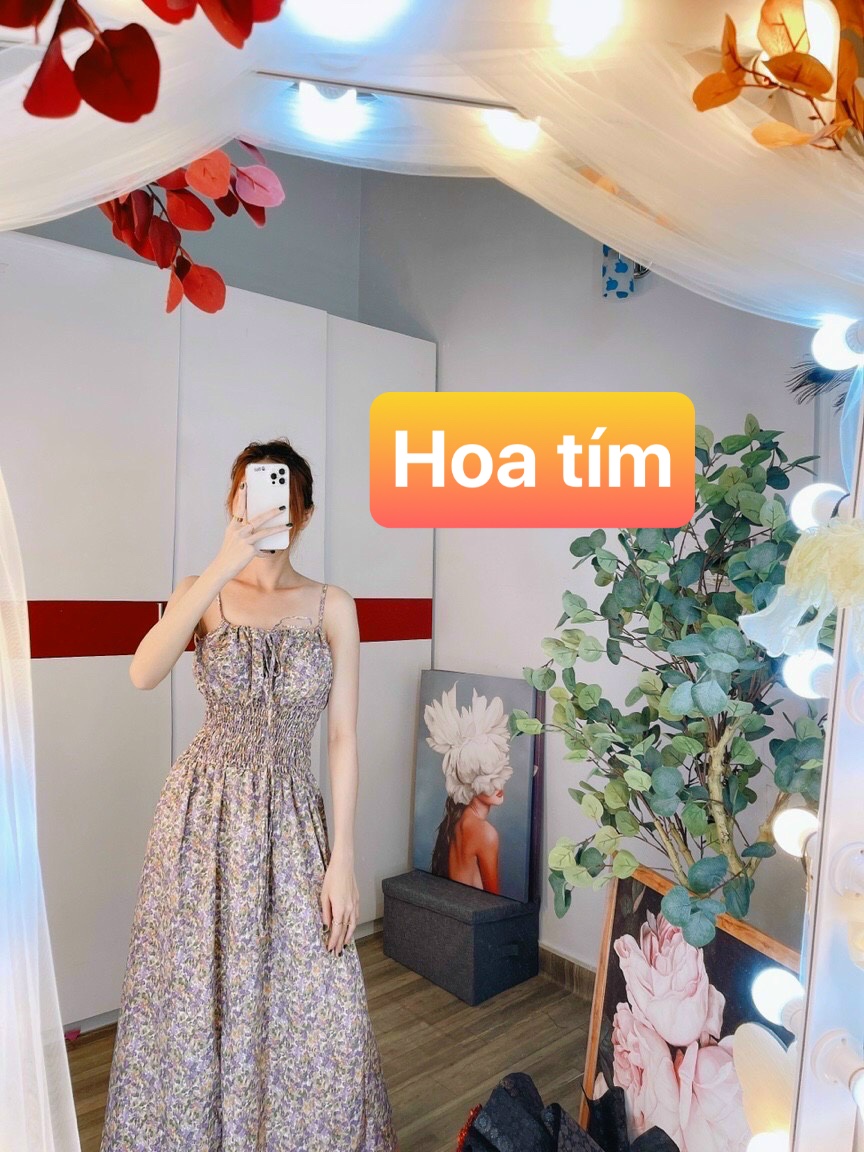[HCM]Đầm maxi hai dây cột nơ bo eo hoa nhí siêu dễ thương - hình thật
