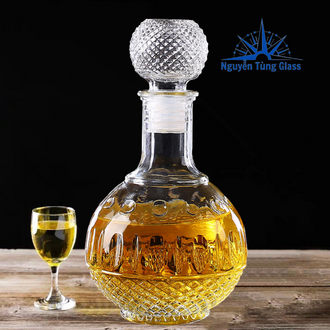Chai Đựng Rươu Thủy Tinh (950ML) mẫu Bầu Tròn Chấm Bi