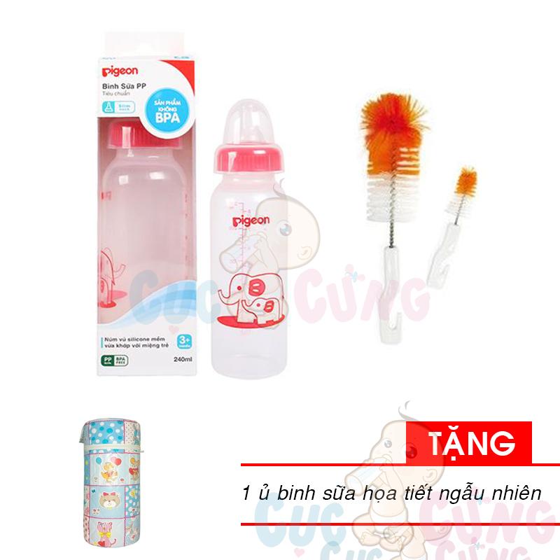 Bình sữa Pigeon 240ml cổ hẹp phiên bản mới nhựa PP + 1 cọ rửa bình sữa TẶNG ủ bình sữa đơn màu ngẫu nhiên-binh sua