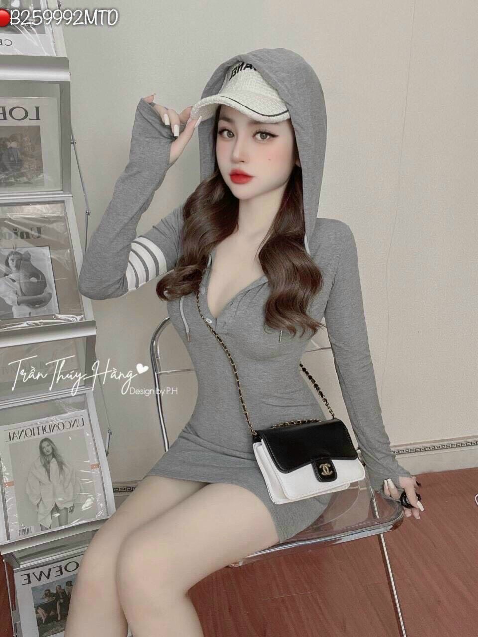 Đầm ôm body - váy đầm ôm body tay dài phối sọc - có mũ- cổ đính nút xịn - chất borip cao cấp mtb