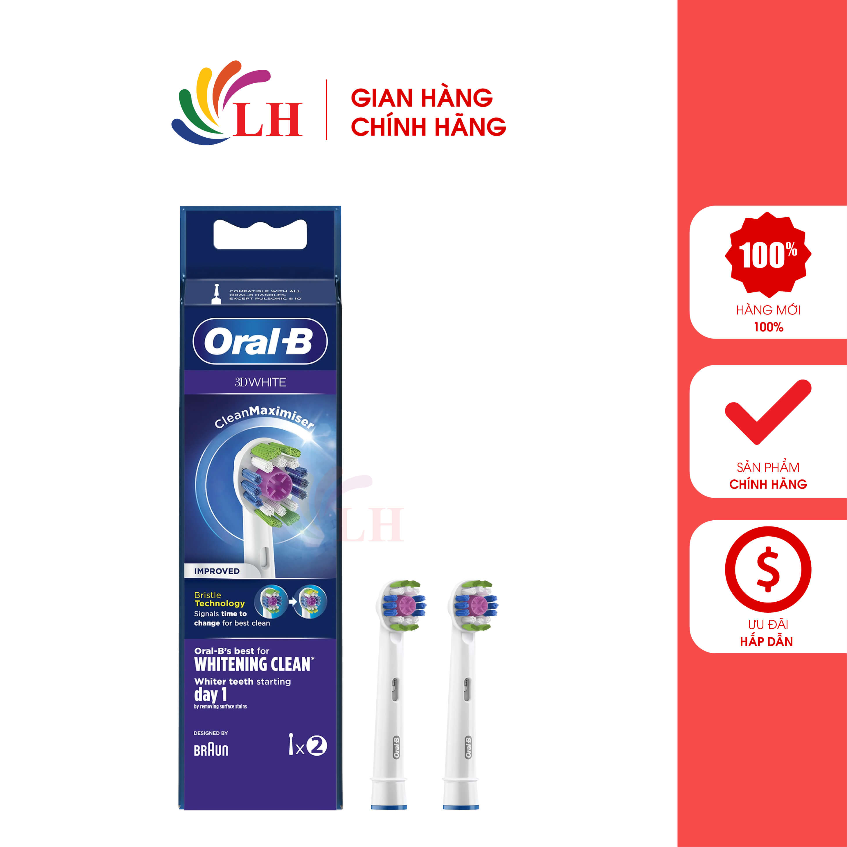 Đầu bàn chải thay thế bàn chải điện Oral-B 3D White - Dùng thay thế cho các đầu bàn chải Oral-B, loại bỏ các mảng bám trên răng