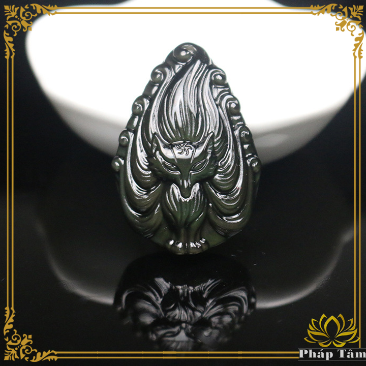 Mặt dây chuyền cửu vỹ hồ ly phong thủy đá obsidian vân ánh cầu vồng tự nhiên - pháp tâm